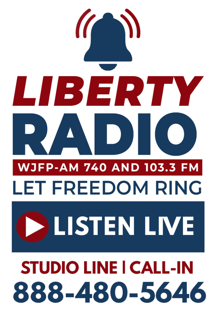 WJFP 740 AM & 103.3 FM Liberty Radio -Let Freedom Ring, Footer logo and call to action